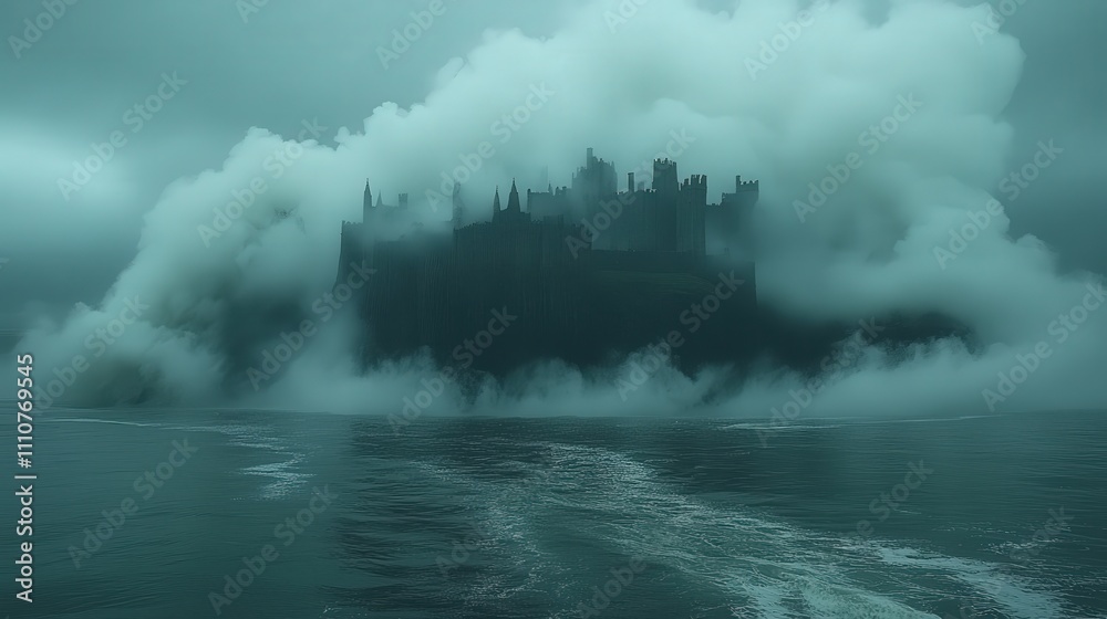 Fototapeta premium A mysterious castle shrouded in fog, rising from calm waters under a moody sky.