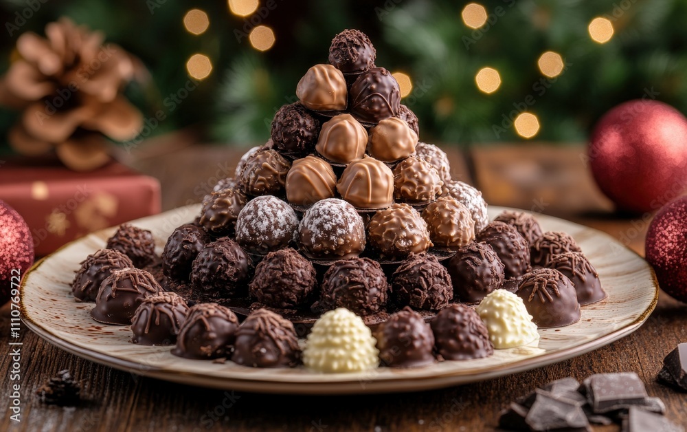 A creative tree built from chocolate truffles and pralines arranged in a triangular shape on a festive plate
