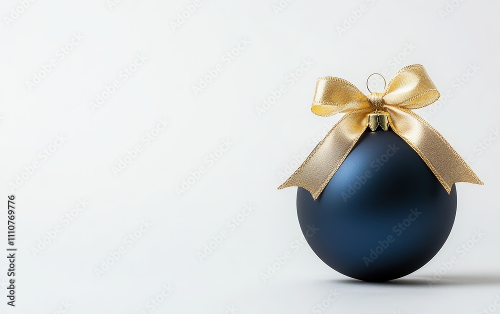 A deep navy blue Christmas ball with a golden ribbon tied into a neat bow, hanging gracefully on a thin ribbon against a clean white background A deep navy blue Christmas ball with a golden ribbon tied into a neat bow, hanging gracefully on a thin ribbon against a clean white background