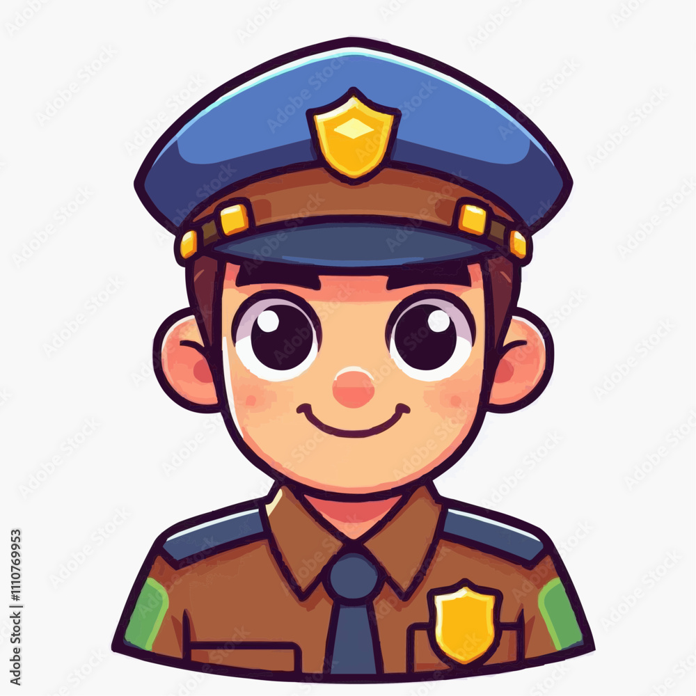 Friendly Cartoon Police Officer with Warm Smile Against White Background Friendly Cartoon Police Officer with Warm Smile Against White Background