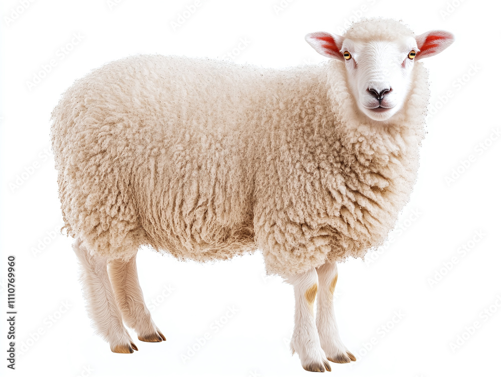 A fluffy white sheep with a thick fleece isolated on white background A fluffy white sheep with a thick fleece isolated on white background