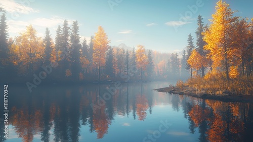 Autumn forest reflected in water with colorful autumn leaves.