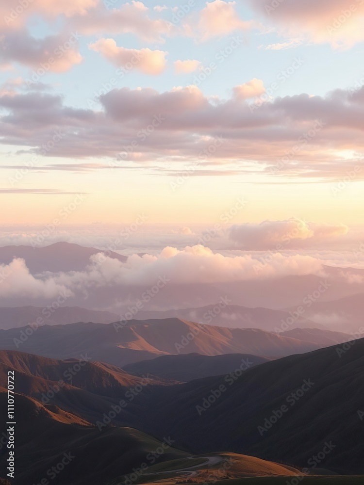 Obraz premium soft pastel colors of cloudy skies above rolling hills and mountain ridges, gentle atmosphere, soothing colors, natural scenery