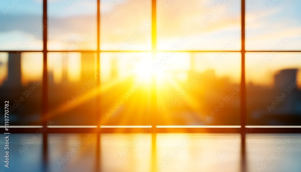 Fototapeta premium A vibrant sunrise illuminates a city skyline through large windows, creating a warm, inviting atmosphere.