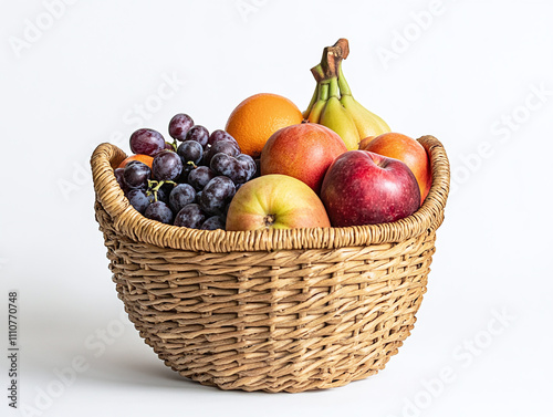 A handwoven basket filled with fresh fruit, isolated on a white backdrop photo