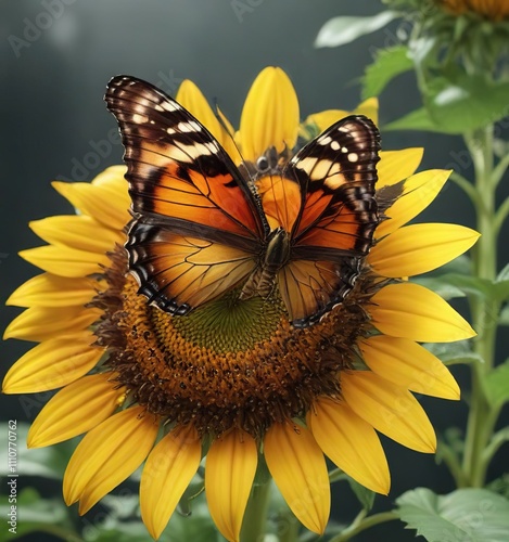 A butterfly rests on the edge of a large sunflower head with nectar inside, , insect, Rock Hall photo