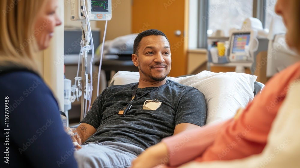 A patient receiving treatment for kidney cancer in a supportive environment, surrounded by caregivers