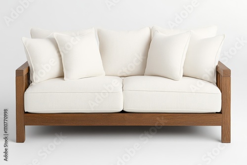 A modern, minimalist sofa with white cushions and a wooden frame, perfect for contemporary living spaces.