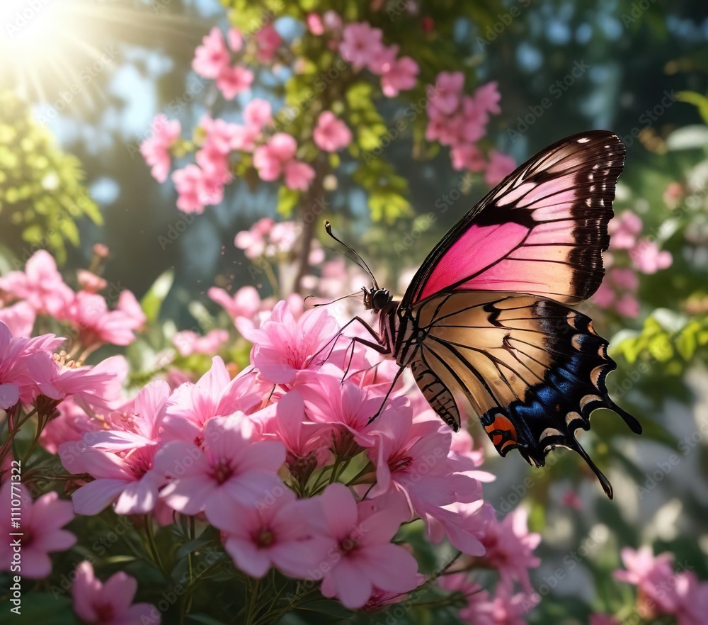 Naklejka premium A colorful butterfly sipping nectar from pink flower petals in a sun-drenched garden, outdoor, floral, pink flowers