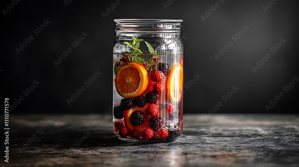 Refreshing infused water with raspberries, blackberries, and orange slices in a glass jar on a dark background. Refreshing infused water with raspberries, blackberries, and orange slices in a glass jar on a dark background.