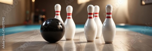 Three bowling pins scattered on the floor with a bowling ball nearby in a pool of light, reflection, spills, shine photo