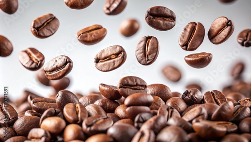 Serene Levitating Coffee Beans on White Background Capturing the Essence of Freshness and Aroma for Coffee Lovers and Enthusiasts in a Minimalistic Style