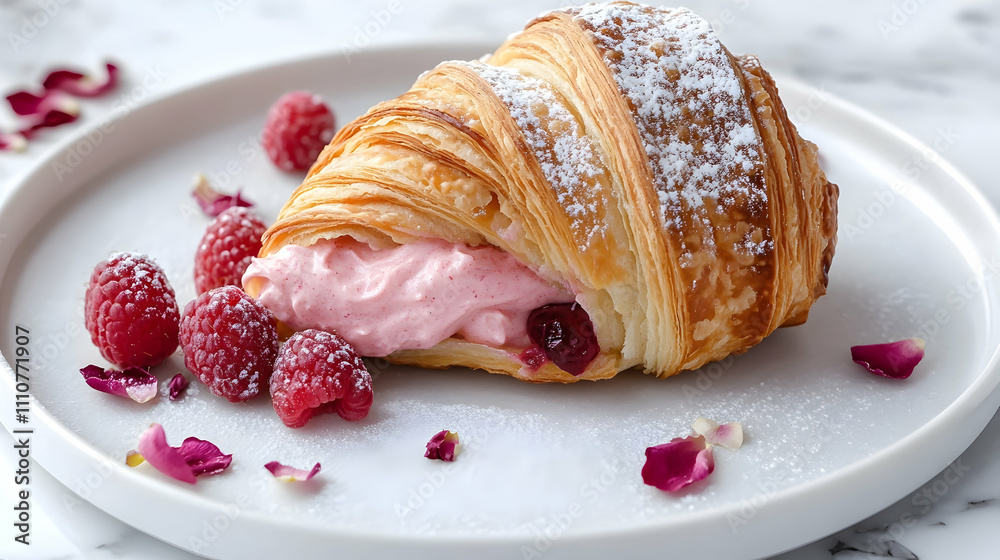 Ispahan Croissant with Rose Cream, Fresh Raspberries and Lychee Gel, French Patisserie Photography Ispahan Croissant with Rose Cream, Fresh Raspberries and Lychee Gel, French Patisserie Photography