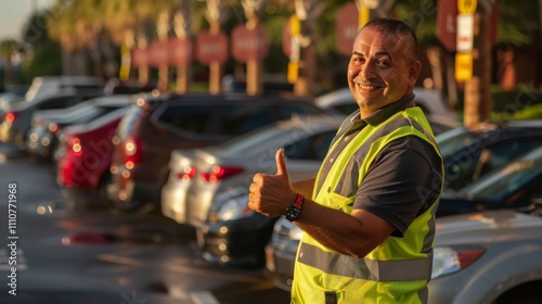 photograph of hotel valet man in safety vest gives thumbs up in front of row of parked cars