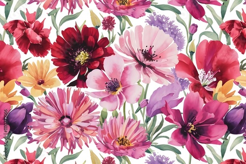 Watercolor leaves and flowers, botanical illustration. Floral seamless pattern.
