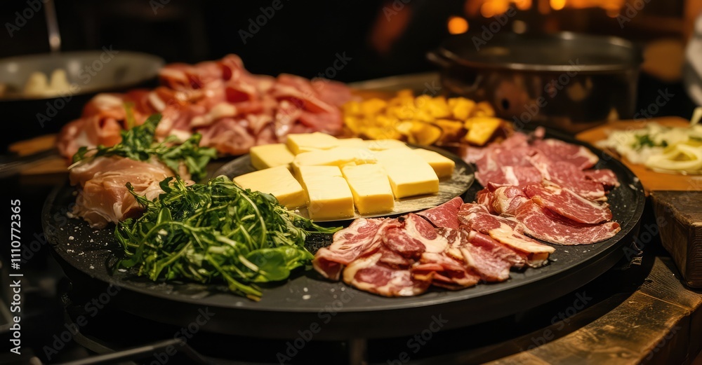Raclette Cheese and Meats. AI generated illustration. Raclette Cheese and Meats. AI generated illustration.