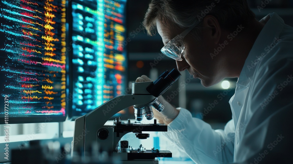 A researcher examining genetic material related to cancer under a microscope, showcasing the investigative process A researcher examining genetic material related to cancer under a microscope, showcasing the investigative process