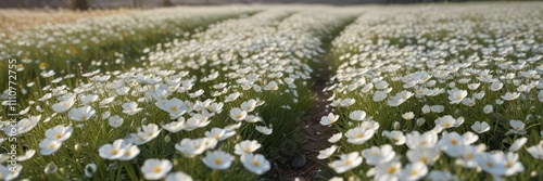 A field of white flowers stretching as far as the eye can see with a soft blanket of color and dew, natural scenery, vibrant colors, rolling hills