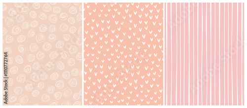 Trendy Seamless Childlike Vector Patterns. Abstract Doodle Print. White Hand Drawn Circles, Hearts and Stripes on a Apricot, Coral and Pastel Pink Background. Simple Irregular Geometric Pattern. 