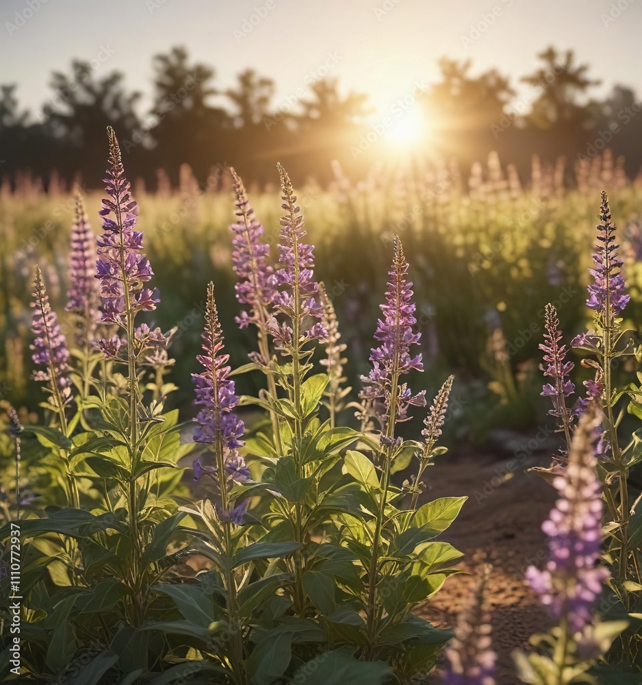 Obraz premium A field of Clary Sage plants growing in the sun with a warm glow effect , golden hour, fields, crops