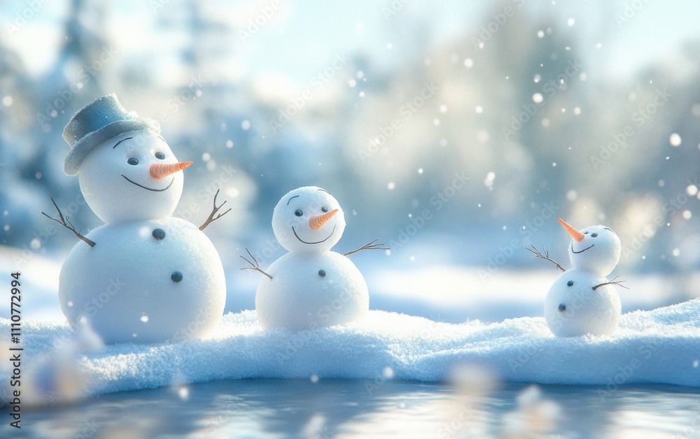 Charming snowmen enjoying a snowy winter day with soft snowfall in a festive landscape. Charming snowmen enjoying a snowy winter day with soft snowfall in a festive landscape.