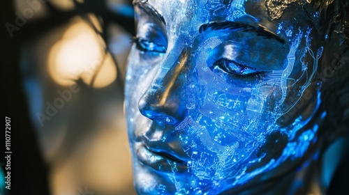 Digital Face with Futuristic Technology and Bright Blue Neural Patterns Illuminating Its Surface