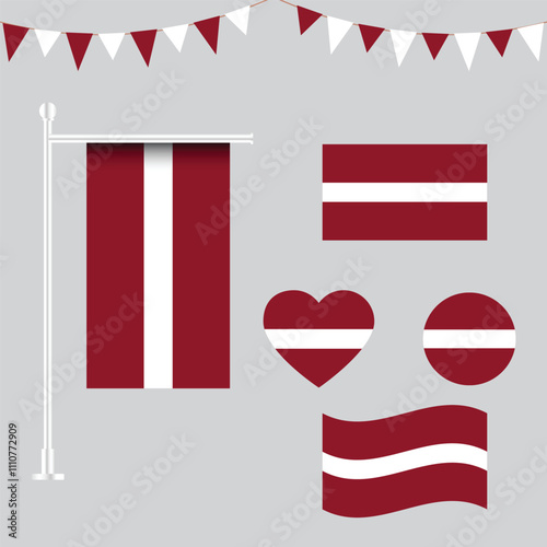 Collection of Latvia flag emblems and icons in different shapes