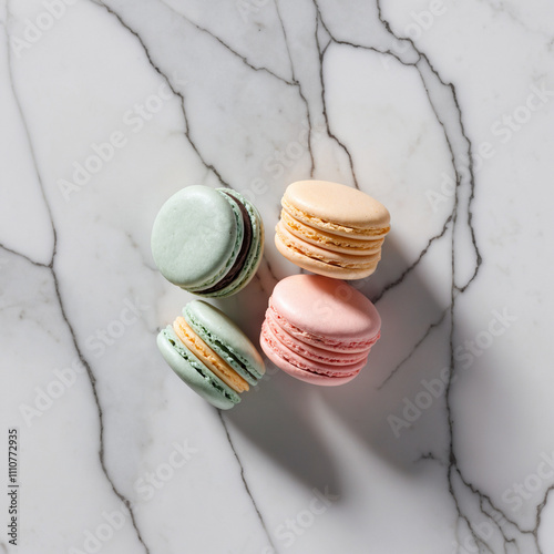 Pastel Macarons Flat Lay: Sweet Elegance on Marble photo