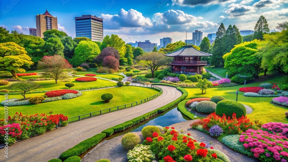 Naklejka premium Serene Portrait Photography in Tennoji Park, Showcasing Lush Greenery, Vibrant Flower Beds, Tranquil Paths, and Beautiful Natural Light for Captivating Outdoor Imagery