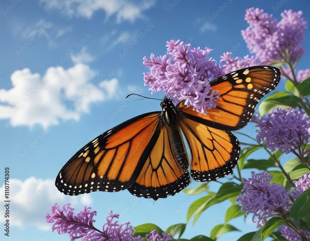 Obraz premium A lone monarch butterfly on a lilac flower against a blue sky background, nature, wildlife