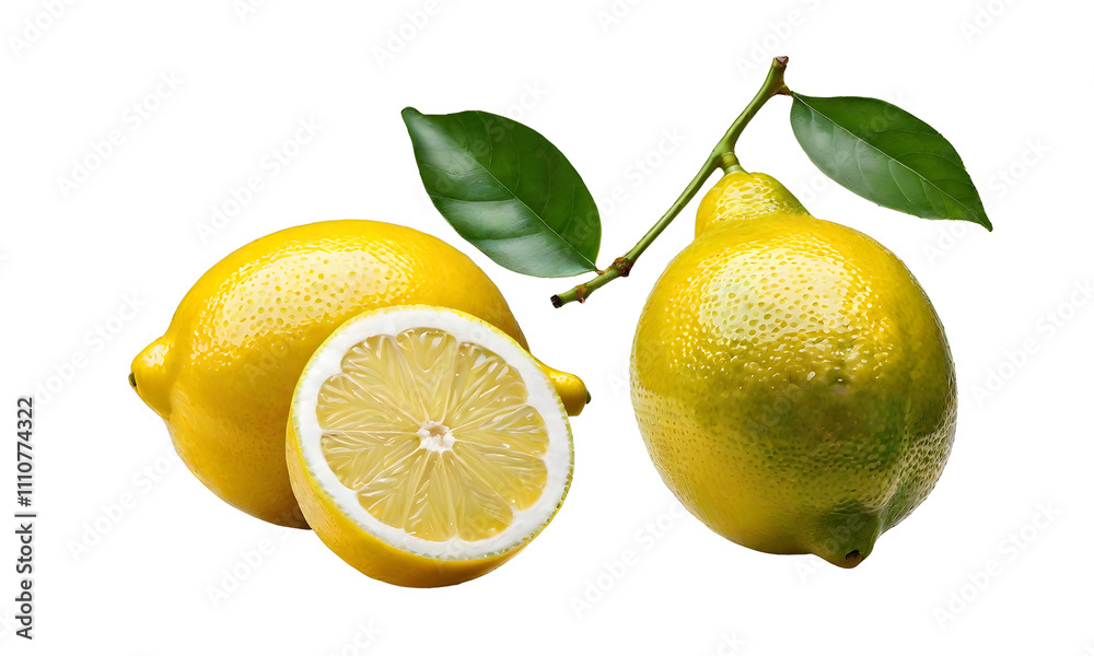 lemon on isolated transparent background. Fresh yellow lemons slices on transparent background. Circle and half. PNG file. Top view.