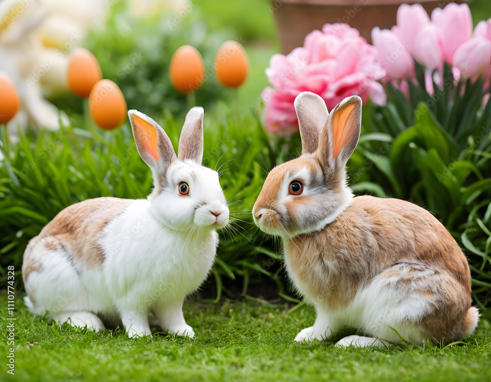 Two rabbits in spring garden Two rabbits in spring garden