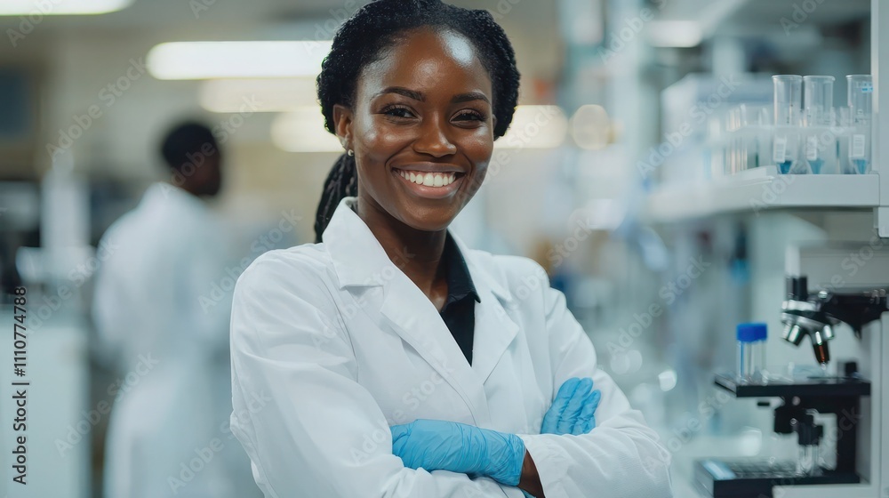 A smiling scientist holding a COVID-19 testing kit in a well-equipped lab A smiling scientist holding a COVID-19 testing kit in a well-equipped lab