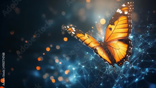 An orange butterfly flutters gracefully amidst a network of glowing particles and digital lines, symbolizing transformation and technology.. AI Generation