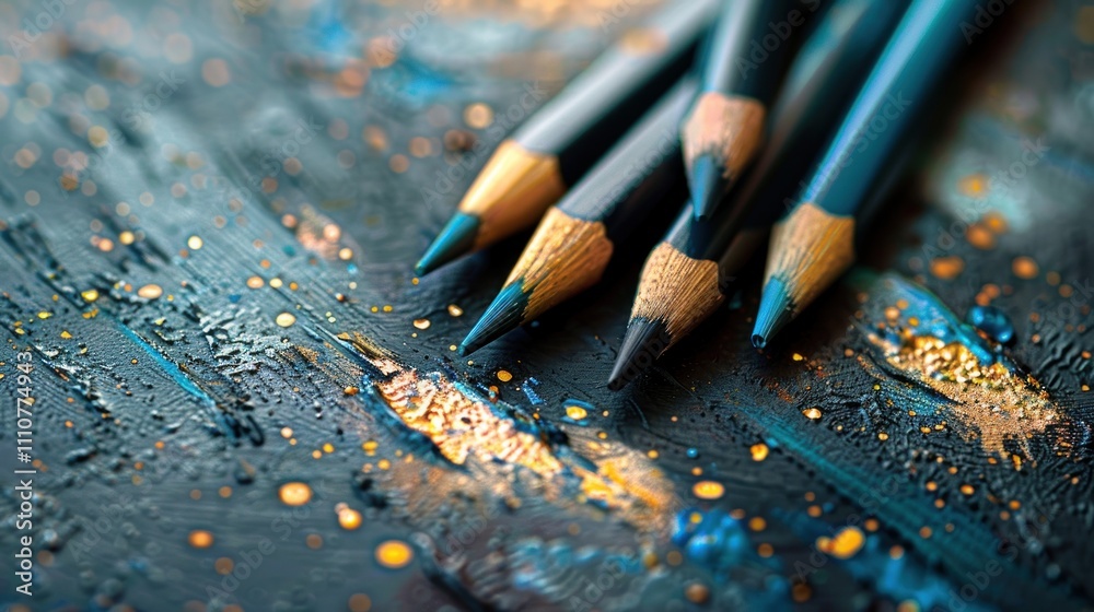Close-up of dark blue pencils on a textured, gold-flecked surface. Close-up of dark blue pencils on a textured, gold-flecked surface.