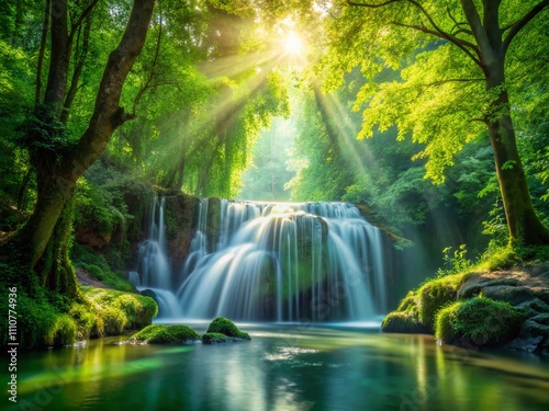 Serene Waterfall Cascading Through Lush Green Forest: A Captivating Bokeh Effect Showcasing Nature's Beauty and Tranquility in a Dreamlike Setting