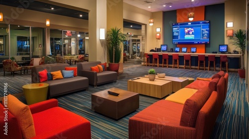 Modern hotel lobby with colorful seating, large screen TV, and computer station.