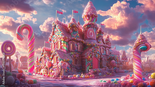 A vibrant and whimsical render of a sugary candy land landscape, candy, sweets, rainbow, fantasy, colors, dessert, sugar.