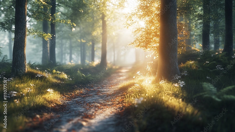 Fototapeta premium Sunlit forest path with morning mist.