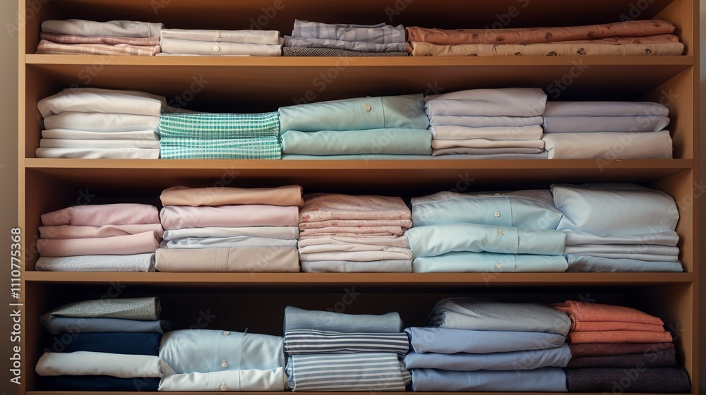 A photo of a shelf with neatly folded casual shirts. A photo of a shelf with neatly folded casual shirts.