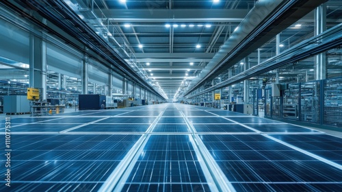 Innovative Solar Panel Manufacturing Facility: Soft Natural Lighting Enhancing Advanced Photovoltaic Production and Robotic Quality Control Zones.