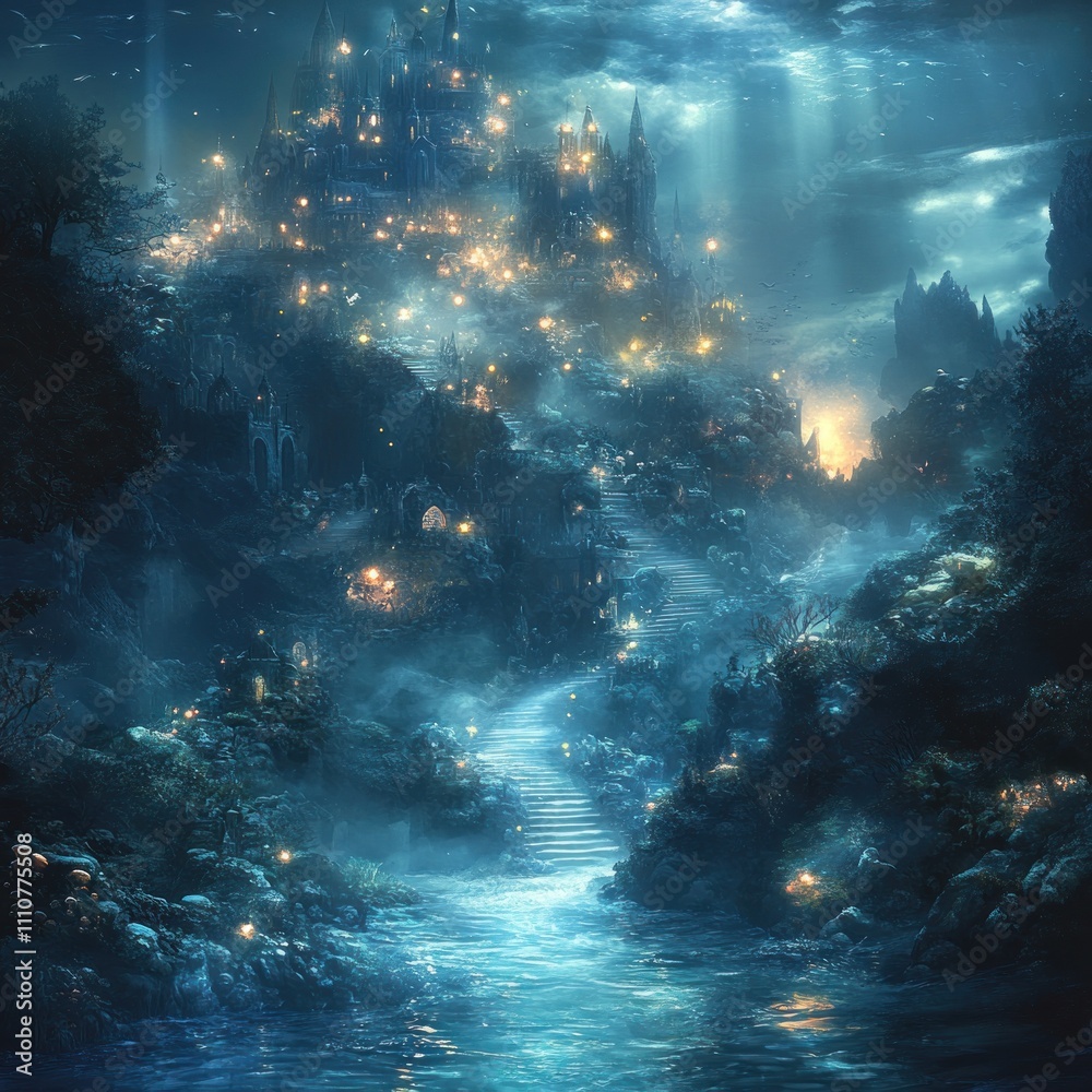 A mystical underwater city illuminated by glowing lights and surrounded by serene waters. A mystical underwater city illuminated by glowing lights and surrounded by serene waters.