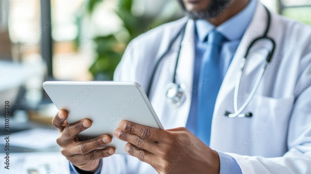 Doctor Using Tablet in Modern Office Environment for Consultations Doctor Using Tablet in Modern Office Environment for Consultations