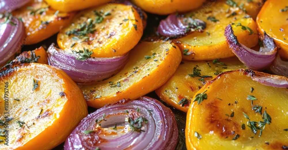 Roasted Squash Slices with Red Onions. AI generated illustration. Roasted Squash Slices with Red Onions. AI generated illustration.