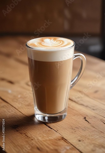 Latte in glass on wooden surface with a subtle blurred background, cold drink, coffee