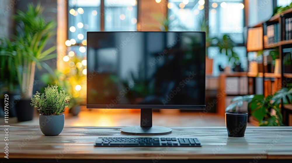 A modern workspace featuring a computer, keyboard, plants, and a coffee cup. A modern workspace featuring a computer, keyboard, plants, and a coffee cup.