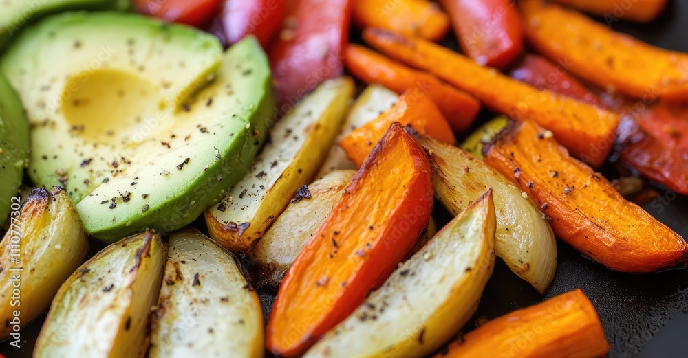 Roasted Winter Vegetables with Avocado. AI generated illustration.