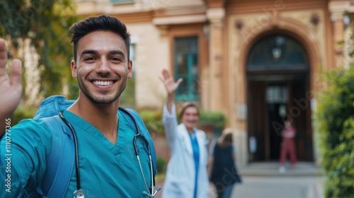 Friendly healthcare professional waving outside medical building