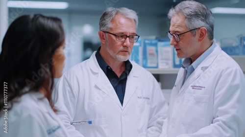 A team of medical professionals discussing test results in a clinical laboratory environment