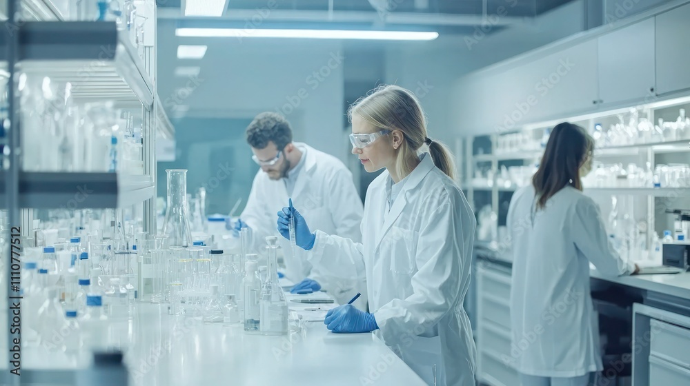 A team of researchers discussing drug development strategies in a pharmaceutical lab A team of researchers discussing drug development strategies in a pharmaceutical lab